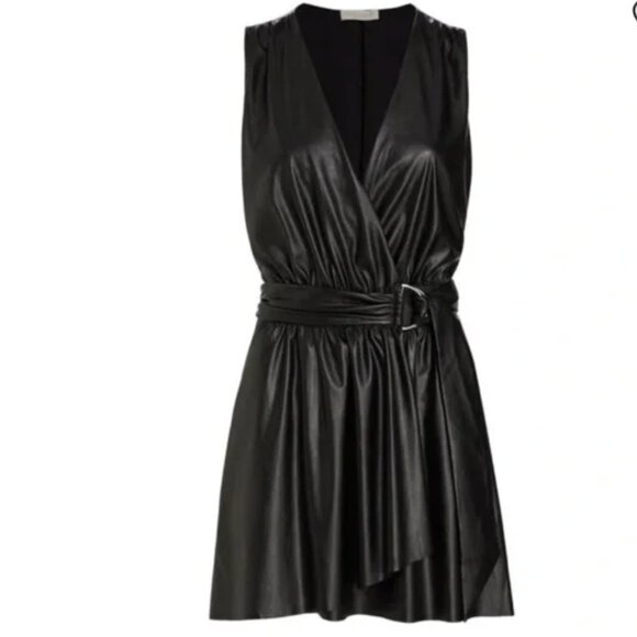 NWT Ramy Brook Lily Black Faux Vegan Leather Wrap Mini Dress | Size 4 - Picture 4 of 9